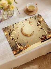 1buc/4buc/6buc Ramadan Lantern Moon Star Placemat, Pret alungit din poliester lavabil la masina, Blat protejat, Placemat izolat, Decorare restaurant, Decorat masa, Articole de uz casnic, Potrivit pentru multi oameni, Decorare pentru petreceri