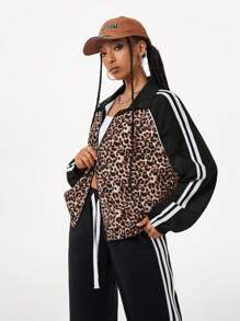Coolane Women's Fall/Winter Streetwear Going Out Daily Wear Leopard Pattern Graphics Patchwork High Neck Windbreaker Jacket
