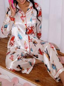 SweetSlumber Elegante conjunto de pijama de mujer con estampado de baile en satén