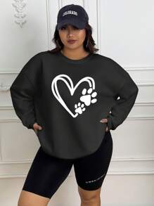 INAWLY Plus Heart & Paw Print Drop Shoulder Sweatshirt, For Winter - Black - View 3