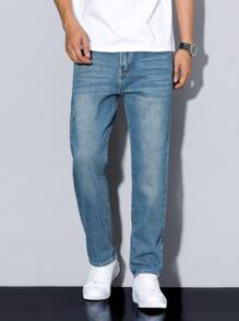 Manfinity Homme Men's Solid Color With Pocket Casual Versatile Straight Leg Jeans - Blue - View 4