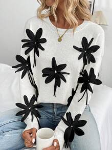 SHEIN Unity 3D Handmade Floral Decorative Sweater, Autumn/Winter Fashion Knit Pullover Fall Sweater - White - View 6