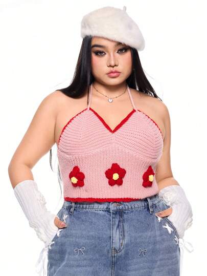 Kawaii Süße 3D Blume rückenfrei Trägershirt Pullunder in Große Größen