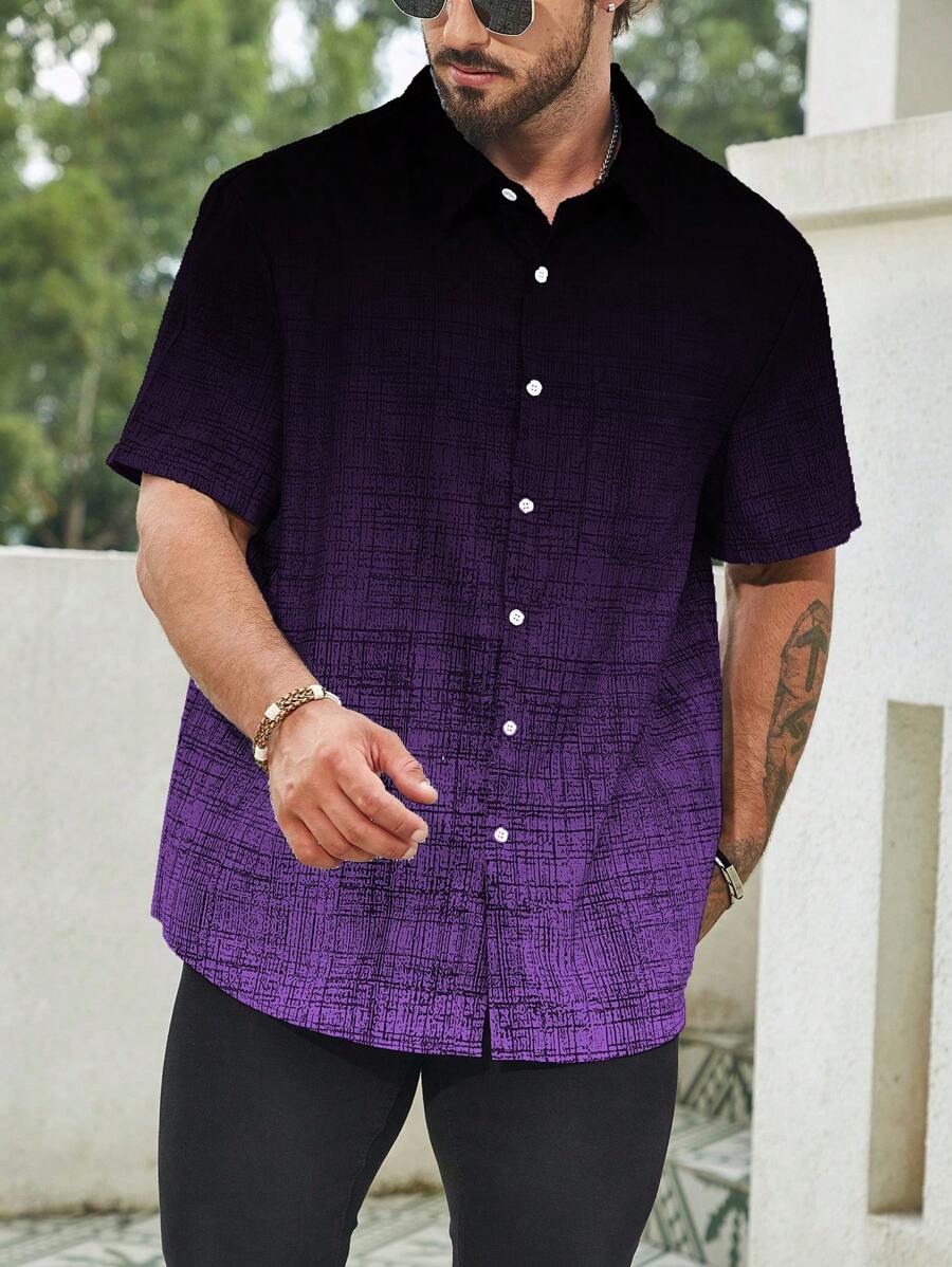 Manfinity Homme Men's Ombre Color Single Breasted Loose Short Sleeve Casual Shirt - Violet Purple - View 1