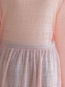 Soleia Plus Size Women's Pink Textured Mesh V-Neck Tie-Up Flare Sleeve Split Hem Blouse, Vacation Wear, Autumn/Winter - Pink - View 8