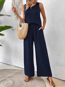 Breezaya 2pcs/Set Women Solid Color Sleeveless Crew Neck Top And Long Pants - Blue - View 7