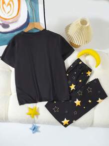 Teen Boys Summer New Funny Star & Moon Eid Al-Fitr Theme Pattern Round Neck Short Sleeve Top With Pants Pajama Set - Multicolor - View 2