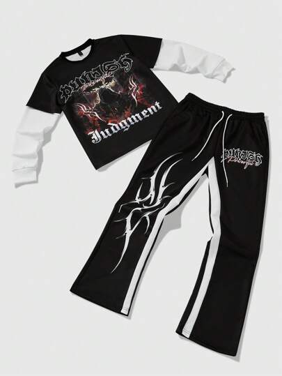 Grunge Punk 2 Stücke Herren Kontrast-Farbblock Figur & Buchstaben Muster Sweatshirt und Hose Set