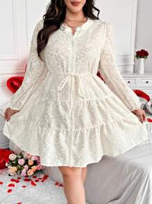 Vionelle 大码立领前扣提花下摆拼接长袖连衣裙，带有情人节、玫瑰、心形、波尔卡圆点、爱心、嘴唇、丘比特、94D 花卉图案 - 杏色 - 查看 3