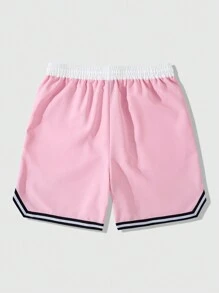 ROMWE MEN Prep 男士简约时尚休闲撞色条纹短裤，适合日常穿着 - 粉色 - 查看 2