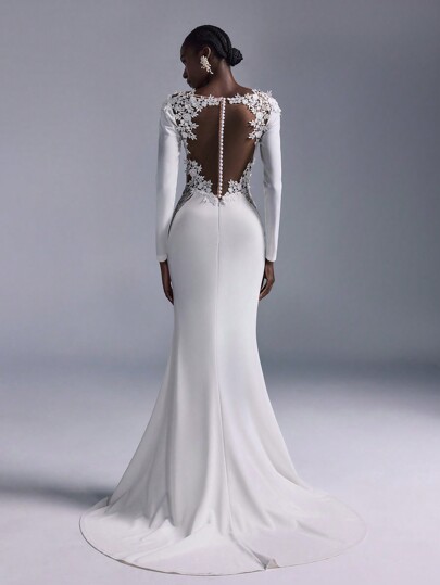 Elitara Elegante y glamoroso vestido de sirena de punto elástico con panel de encaje bordado y espalda descubierta en color marfil, adecuado para bodas, fiestas de solteros, vacaciones, banquetes, novias