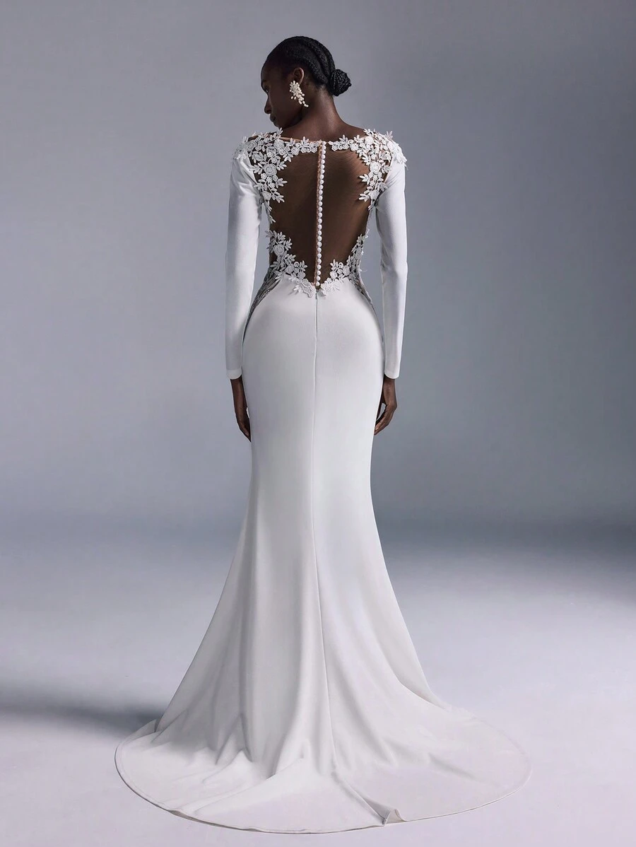 Elitara 优雅迷人的象牙色性感露背贴花刺绣蕾丝拼接弹力针织美人鱼裙，带拖尾，适合婚礼、单身派对、节日、宴会、新娘