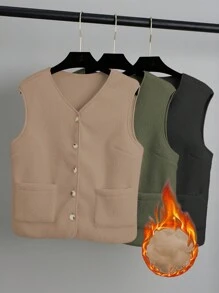 Chiquease Women's Solid Color Single-Breasted Vest With Pockets Jacket, Autumn/Winter - Orange - View 1