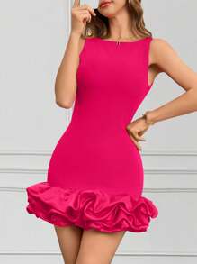 INAWLY Women's Solid Color Round Neck Sleeveless Puff Hem Fashionable Short Dress
