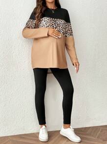 SHEIN 2pcs/Set Pregnant Women Heart & Leopard Print Round Neck Long Sleeve T-Shirt And Adjustable Waist Casual Pants