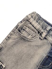 SHEIN Pantalones de mezclilla tipo cargo para niños con bolsillos, estilo retro, desgastados y vintage, con tela elástica, azul y amarillo, casual y versátil para atuendos diarios de niños en otoño/invierno