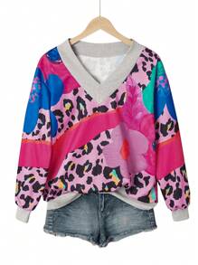 INAWLY V 领宽松休闲运动豹纹花卉印花套头衫加厚保暖连帽衫女式运动衫，秋冬季 - 彩色 - 查看 3