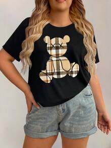 SHEIN LUNE 大码格子泰迪短袖圆领 T 恤女式图案 T 恤夏季