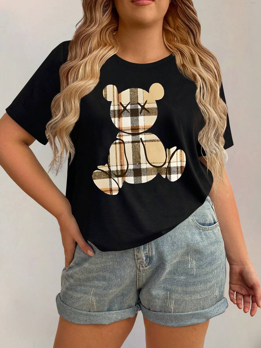 SHEIN LUNE 大码格子泰迪短袖圆领 T 恤女式图案 T 恤夏季