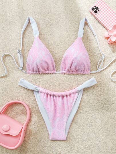 Pink Lace Thick Strap Triangle Cup Waist Drawstring Top & Bottom Bikini Swimwear, Vacation Style Summer