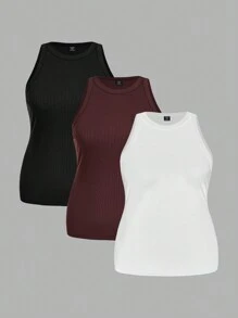 Slaydiva 3 Pcs/Set Plus Size Wide Strap Ribbed Racerback Tank Top, Suitable For Spring & Autumn - Multicolor - View 11