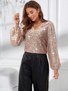 SHEIN Essnce Women's Long Sleeve V-Neck Sequin Top, Minimalist Fashion For Casual Everyday Wear, Holiday Top