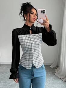 SHEIN Frenchy Damen Lässig Langarm Bluse, minimalistische Mode Alltagskleidung