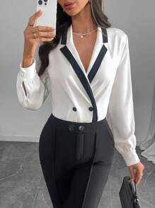 Modelyn 女士秋季双色翻领长袖双排扣优雅衬衫 - 白色 - 查看 5