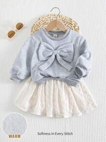Cozy Pixies 2pcs/Set Baby Girl 3D Bowknot Decor Round Neck Long Sleeve Sweatshirt And Mesh Skirt Outfit Clothes Set - Grey - View 7