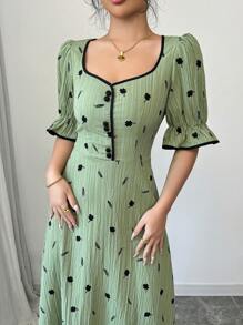 Modelyn Women's Floral Print Button Trim Dress, Elegant Long Sleeve - Green - View 3