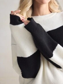 BizChic 黑白撞色毛衣上衣，女士办公室通勤，优雅新年，春夏，约会 - 黑與白 - 查看 6