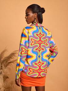 Abeille Creations Designer Boho Bohemian Women's Business Casual Vacation Multicolor Geometric Print Long Sleeve Shirt, For Going Out, Spring & Summer, Beach, Festival, Ibiza Fits, Office - Multicolor - View 2