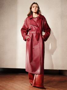 Anewsta 女士安哥拉红优雅风衣，双排扣领设计，长款时尚防风外套，秋/春季款 - 紅色 - 查看 2