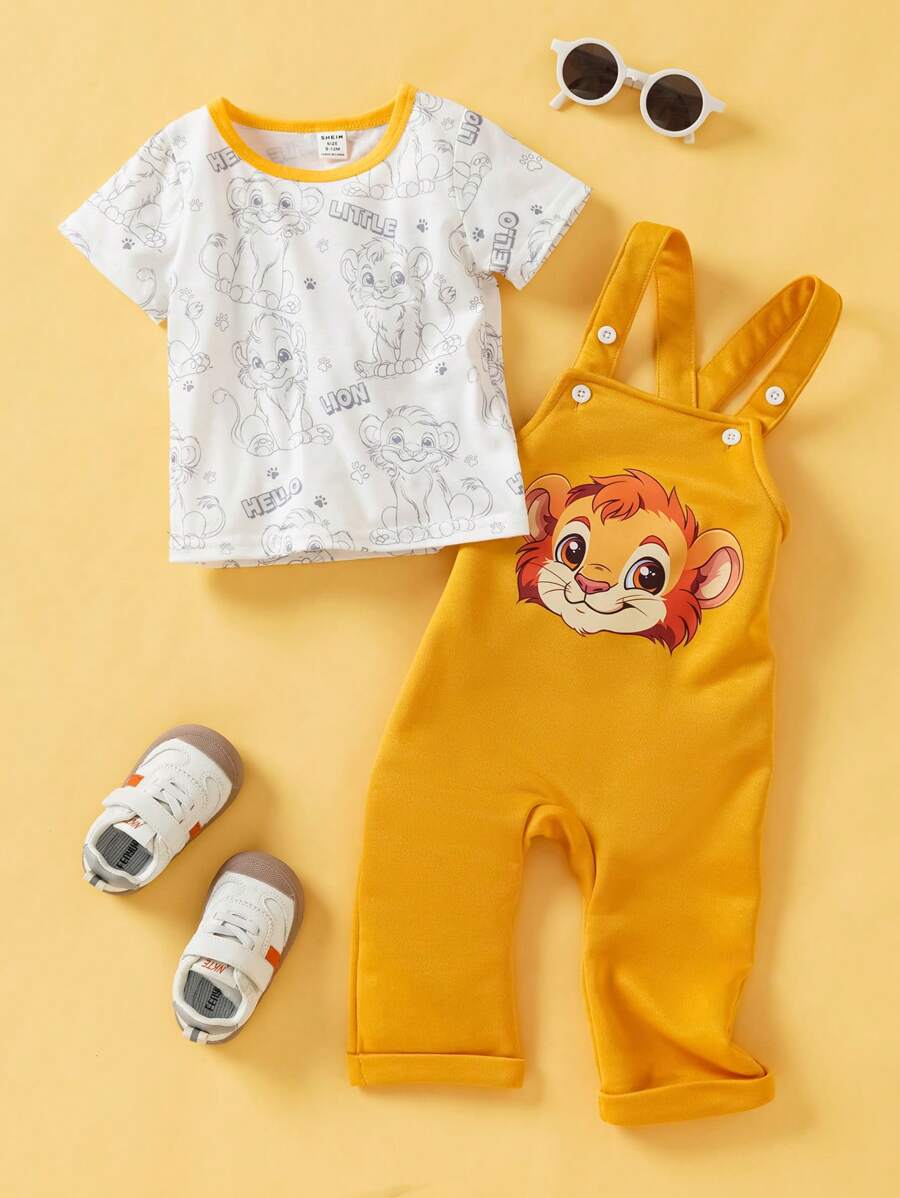 SHEIN 2 件装男婴休闲日常可爱狮子图案印花工装裤短袖上衣套装。柔软针织面料适合春夏季，适合户外玩耍和室内休闲 - 黃色 - 查看 1