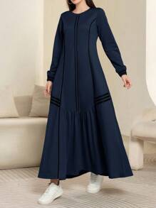 Seusyu Women Casual Contrast Striped Sweatshirt Dress, Autumn/Winter - Navy Blue - View 1