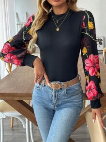 EMERY ROSE 女士花卉印花灯笼袖优雅衬衫，秋季 - 彩色 - 查看 5