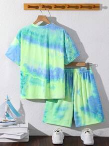 SHEIN Tween Boy Tie-Dye Short Sleeve T-Shirt And Shorts Set, Vacation