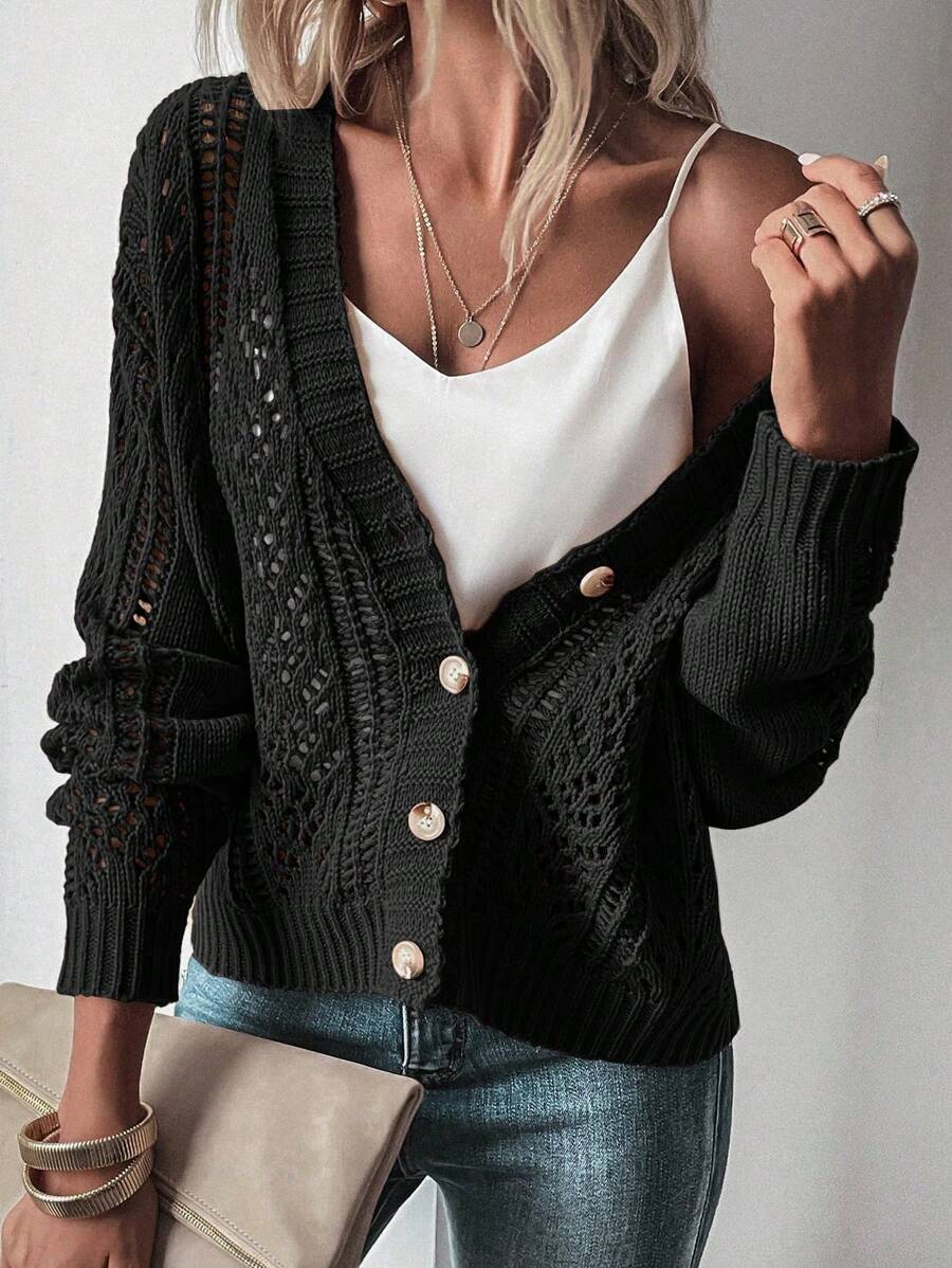 EMERY ROSE Women's Solid Color Long Sleeve Black Cardigan, Minimalist Casual Daily Wear Fall Winter Cloth For Women - Black - View 1