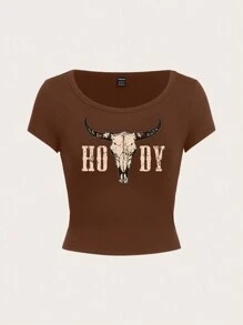 SHEIN EZwear Camiseta de manga corta de cuello redondo ajustada con estampado minimalista de cabeza de vaca, adecuada para el verano