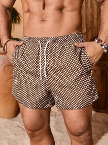 Manfinity VDAYZ Men's Plaid Print Drawstring Waist Loose Dual Layer Beach Shorts,Hawaiian