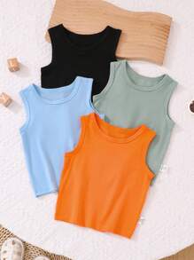 SHEIN Playful Pals 男婴 4 件套无袖背心，包含 1 件蓝色、1 件绿色、1 件橙色、1 件黑色，适合宝宝夏季各种场合穿着，多色组合，性价比高 - 彩色 - 查看 1