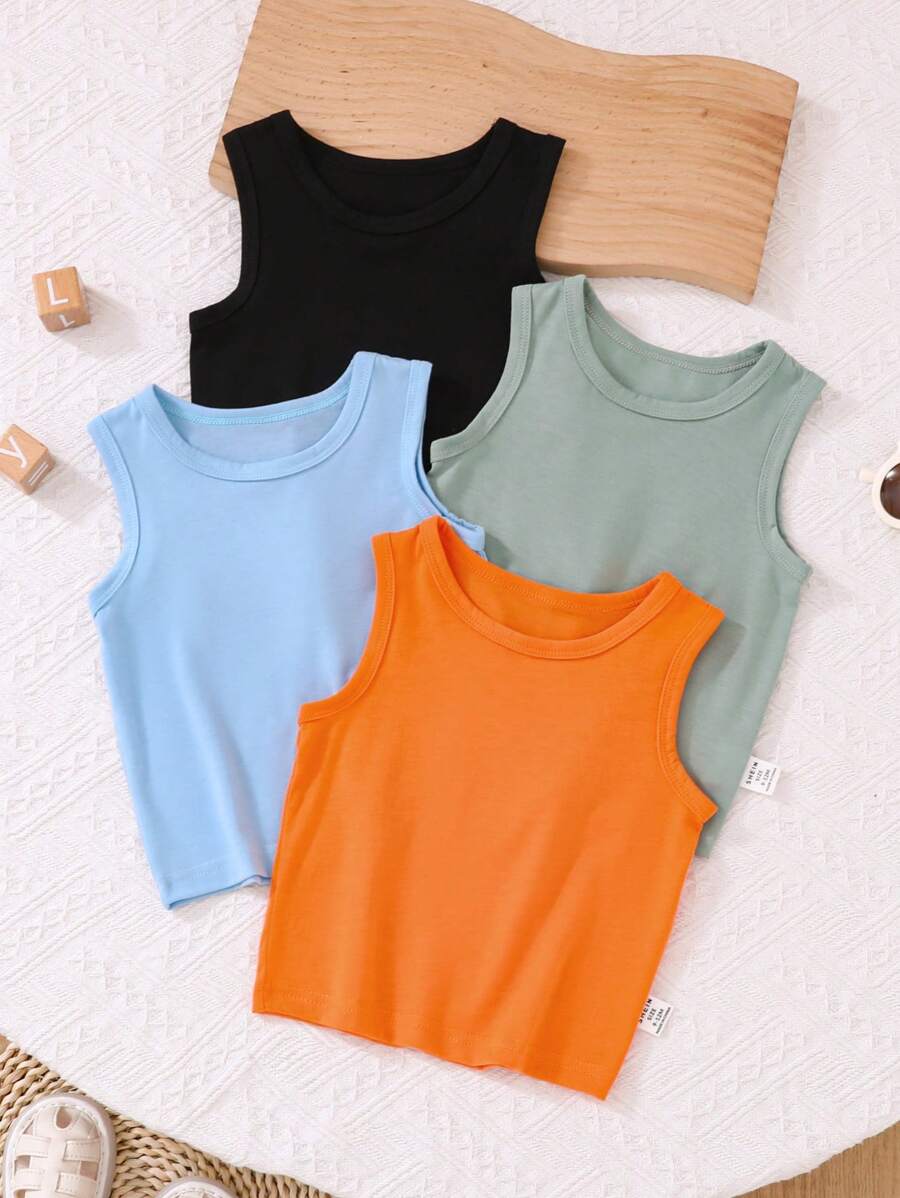 SHEIN Playful Pals 男婴 4 件套无袖背心，包含 1 件蓝色、1 件绿色、1 件橙色、1 件黑色，适合宝宝夏季各种场合穿着，多色组合，性价比高 - 彩色 - 查看 1