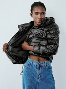 Chiquease Minimalist Casual Hooded Drawstring Design PU Material Women Padded Padded Coat Clothes Winter - Black - View 7