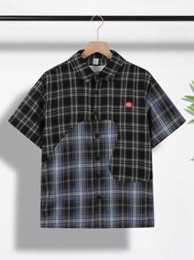 SHEIN 1 件青少年男孩时尚休闲格子拼布长袖编织衬衫，适合日常穿着，年轻风格；春季服装；青少年男孩服装；青少年男孩夹克，春季返校 - 彩色 - 查看 7