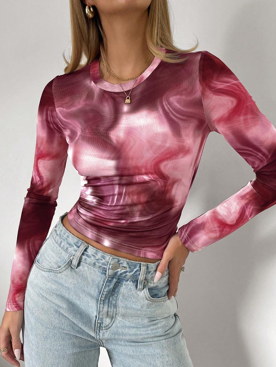 Siren Gaze Women's Fashion Tie-Dye Print Fitted Long Sleeve T-Shirt Winter Christmas Red New Year Burgundy Casual Spring Valentine's Day - Burgundy - View 1