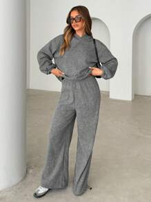 SHEIN Essnce 2 pièces/Set Femme Décontracté unicolore Épaule Tombante Manches Longues sweat-shirt à capuche & Pantalon Jambes Larges Set, Automne - Gris - Voir 3