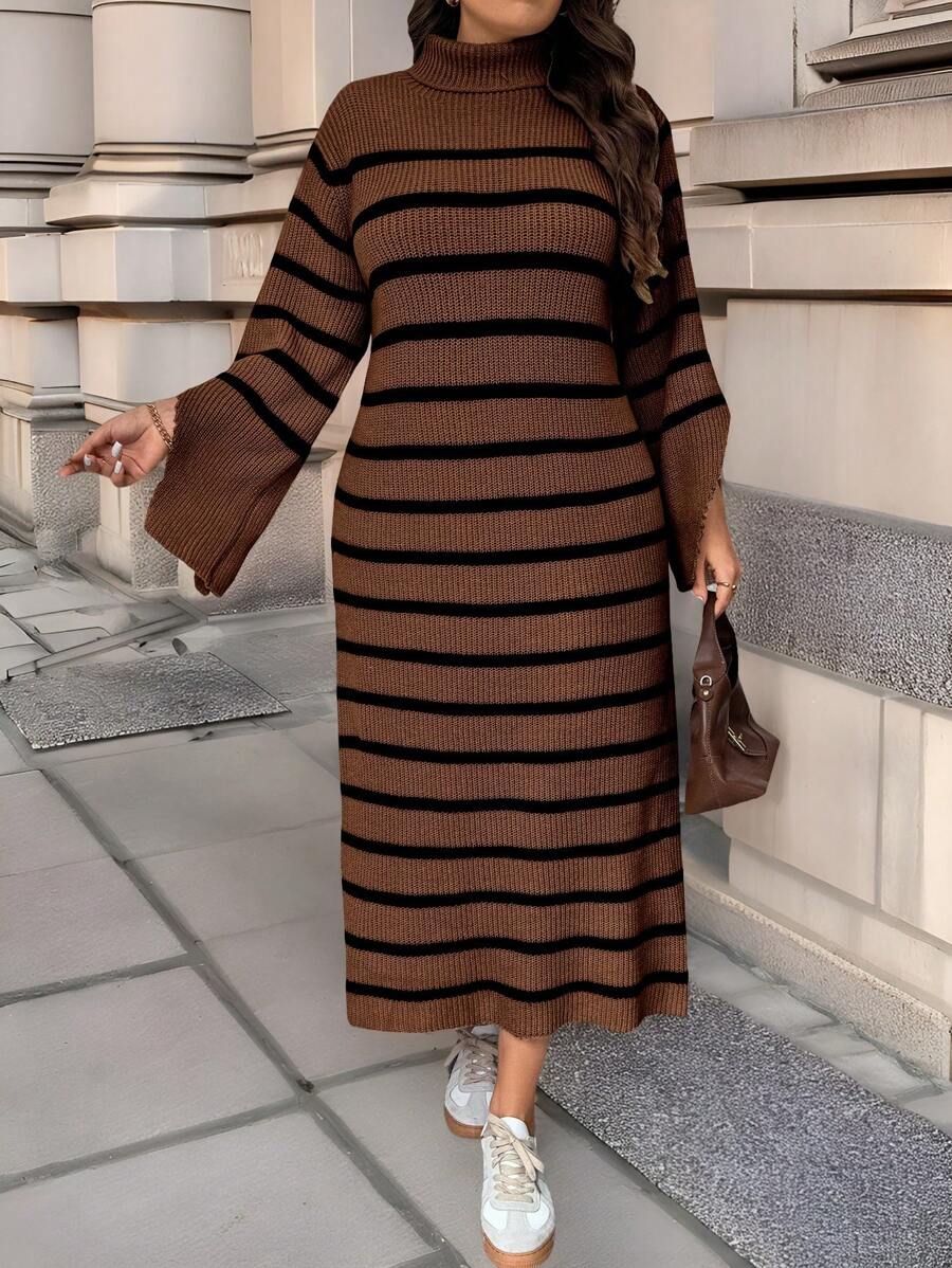 Calvaya Plus Size Color Block Stripe Long Sleeve Split Hem Sweater Dress, Casual For Autumn/Winter - Brown - View 1