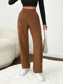 EURMUSE 女式纯色弹性后背紧身灯芯绒裤 - 駝色 - 查看 1
