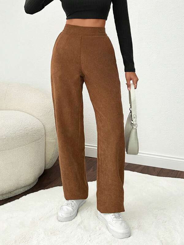 SHEIN Pantalones pitillo de pana de unicolor con elástico en la espalda para mujer