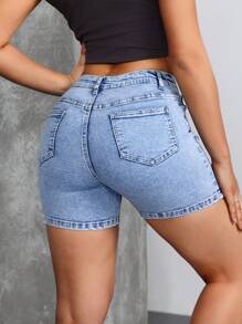 SHEIN EZwear 女士口袋紧身休闲百搭牛仔短裤 - 藍色 - 查看 2